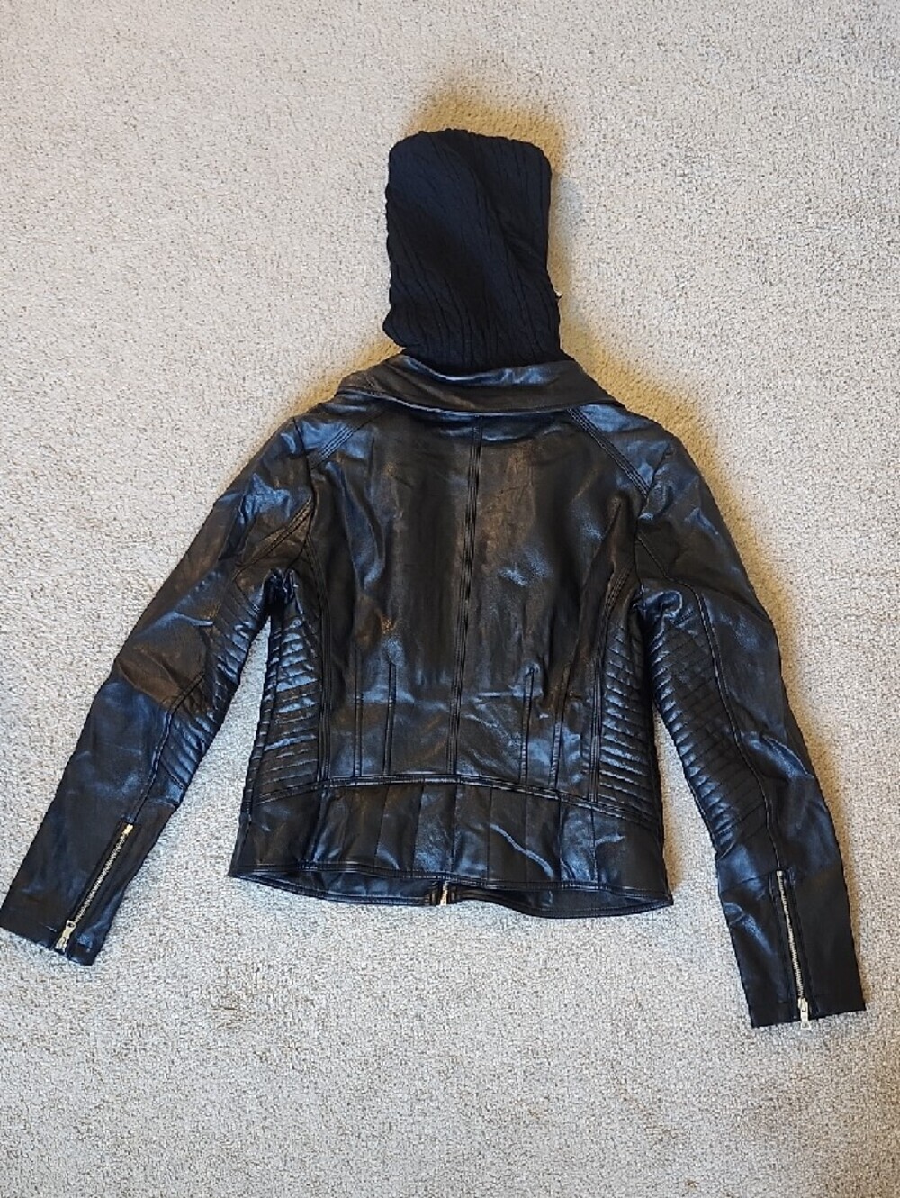 Guess Black Faux Leather Hooded Jacket with Quilted Panels - Picture 9 of 13